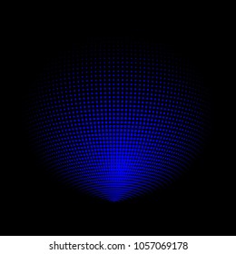Abstract globe dotted sphere, 3d halftone dot effect. Blue dots in black background. Vector illustration. It can use as logo, icon, banner, business card. Modern minimal covers design.