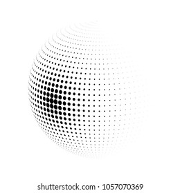 Abstract globe dotted sphere, 3d halftone dot effect. Black dots in white background. Vector illustration. It can use as logo, icon, banner, business card. Modern minimal covers design.