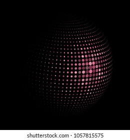 Abstract globe dotted sphere, 3d halftone dot effect. Pink and red dots in dark background. Vector illustration. It can use as logo, icon, banner, business card. Modern minimal covers design.