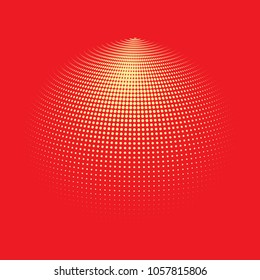 Abstract globe dotted sphere, 3d halftone dot effect. Orange dots in red background. Vector illustration. It can use as logo, icon, banner, business card. Modern minimal covers design.