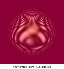 Abstract globe dotted sphere, 3d halftone dot effect. Light orange dots in pink background. Vector illustration. It can use as logo, icon, banner, business card. Modern minimal covers design.