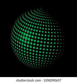 Esfera de puntos del globo abstracto, efecto 3d punto medio tono. Puntos orgánicos verdes en fondo oscuro. Ilustración vectorial. Puede utilizarse como logotipo, icono, banner, tarjeta de visita. Diseño de cubiertas minimalistas modernas.