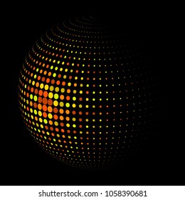 Abstract globe dotted sphere, 3d halftone dot effect. Golden dots in dark background. Vector illustration. It can use as logo, icon, banner, business card. Modern minimal covers design.