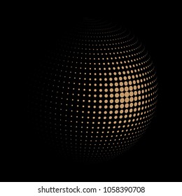 Abstract globe dotted sphere, 3d halftone dot effect. Golden dots in dark background. Vector illustration. It can use as logo, icon, banner, business card. Modern minimal covers design.