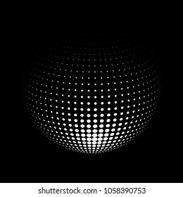 Abstract globe dotted sphere, 3d halftone dot effect. White dots in dark background. Vector illustration. It can use as logo, icon, banner, business card. Modern minimal covers design.