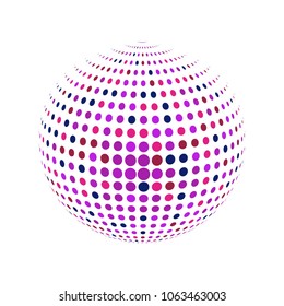 Abstract globe dotted sphere, 3d halftone dot effect. Pink, red, black dots in white background. Vector illustration. It can use as logo, icon, banner, business card. Modern minimal covers design.