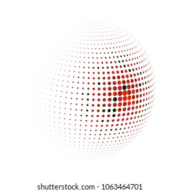 Abstract globe dotted sphere, 3d halftone dot effect. Black and red dots in white background. Vector illustration. It can use as logo, icon, banner, business card. Modern minimal covers design.