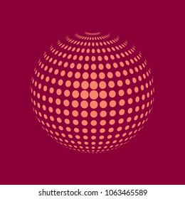 Abstract globe dotted sphere, 3d halftone dot effect. Light orange dots in pink background. Vector illustration. It can use as logo, icon, banner, business card. Modern minimal covers design.