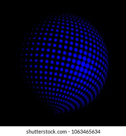 Abstract globe dotted sphere, 3d halftone dot effect. Blue dots in black background. Vector illustration. It can use as logo, icon, banner, business card. Modern minimal covers design.