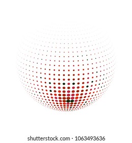 Abstract globe dotted sphere, 3d halftone dot effect. Black and red dots in white background. Vector illustration. It can use as logo, icon, banner, business card. Modern minimal covers design.