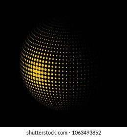 Abstract globe dotted sphere, 3d halftone dot effect. Golden dots in dark background. Vector illustration. It can use as logo, icon, banner, business card. Modern minimal covers design.