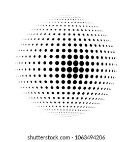 Abstract globe dotted sphere, 3d halftone dot effect. Black dots in white background. Vector illustration. It can use as logo, icon, banner, business card. Modern minimal covers design.