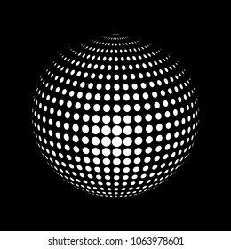 Abstract globe dotted sphere, 3d halftone dot effect. White dots in dark background. Vector illustration. It can use as logo, icon, banner, business card. Modern minimal covers design.