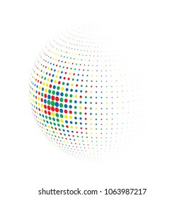 Esfera de puntos del globo abstracto, efecto 3d punto medio tono. Puntos coloridos de fondo blanco. Color arcoiris en forma de tierra. Ilustración vectorial. Puede utilizarse como logotipo, icono, banner, tarjeta de visita.