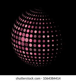 Abstract globe dotted sphere, 3d halftone dot effect. Pink and red dots in dark background. Vector illustration. It can use as logo, icon, banner, business card. Modern minimal covers design.