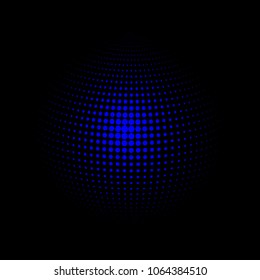 Abstract globe dotted sphere, 3d halftone dot effect. Blue dots in black background. Vector illustration. It can use as logo, icon, banner, business card. Modern minimal covers design.