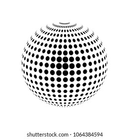Abstract globe dotted sphere, 3d halftone dot effect. Black dots in white background. Vector illustration. It can use as logo, icon, banner, business card. Modern minimal covers design.