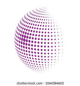 Abstract globe dotted sphere, 3d halftone dot effect. Purple dots in white background. Vector illustration. It can use as logo, icon, banner, business card. Modern minimal covers design.