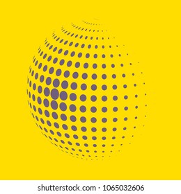 Abstract globe dotted sphere, 3d halftone dot effect. Grey dots in yellow background. Vector illustration. It can use as logo, icon, banner, business card. Modern minimal covers design.