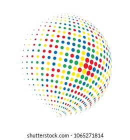 Abstract globe dotted sphere, 3d halftone dot effect. Colorful dots in white background. Rainbow color in earth shape. Vector illustration. It can use as logo, icon, banner, business card.