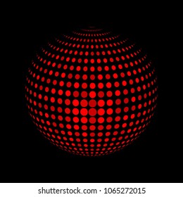 Abstract globe dotted sphere, 3d halftone dot effect. Red dots in dark background. Vector illustration. It can use as logo, icon, banner, business card. Modern minimal covers design.