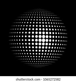 Abstract globe dotted sphere, 3d halftone dot effect. White dots in dark background. Vector illustration. It can use as logo, icon, banner, business card. Modern minimal covers design.