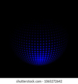 Abstract globe dotted sphere, 3d halftone dot effect. Blue dots in black background. Vector illustration. It can use as logo, icon, banner, business card. Modern minimal covers design.