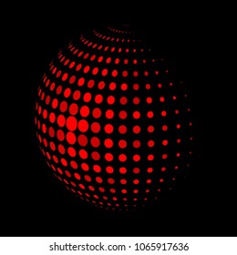 Abstract globe dotted sphere, 3d halftone dot effect. Red dots in dark background. Vector illustration. It can use as logo, icon, banner, business card. Modern minimal covers design.
