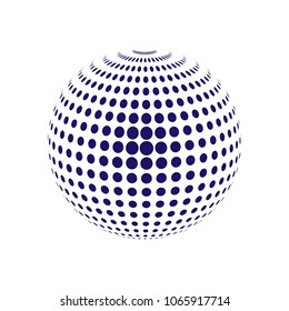 Abstract globe dotted sphere, 3d halftone dot effect. Blue dots in white background. Vector illustration. It can use as logo, icon, banner, business card. Modern minimal covers design.