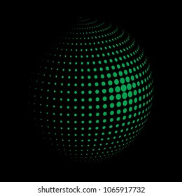 Abstract globe dotted sphere, 3d halftone dot effect. Green organic dots in dark background. Vector illustration. It can use as logo, icon, banner, business card. Modern minimal covers design.