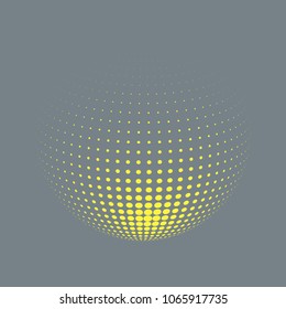 Abstract globe dotted sphere, 3d halftone dot effect. Golden dots in grey background. Vector illustration. It can use as logo, icon, banner, business card. Modern minimal covers design.