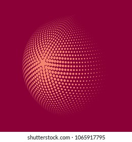 Abstract globe dotted sphere, 3d halftone dot effect. Light orange dots in pink background. Vector illustration. It can be used as logo, icon, banner, business card. Modern minimal covers design.