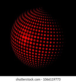 Abstract globe dotted sphere, 3d halftone dot effect. Red dots in dark background. Vector illustration. It can use as logo, icon, banner, business card. Modern minimal covers design.