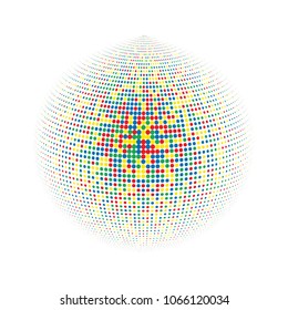Abstract globe dotted sphere, 3d halftone dot effect. Colorful dots in white background. Rainbow color in earth shape. Vector illustration. It can use as logo, icon, banner, business card.