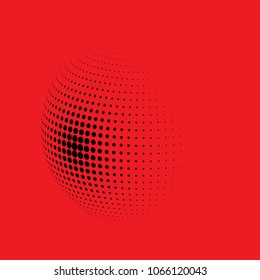 Abstract globe dotted sphere, 3d halftone dot effect. Black dots in red background. Vector illustration. It can use as logo, icon, banner, business card. Modern minimal covers design.