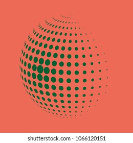 Abstract Globe Dotted Sphere, 3d Halftone Dot Effect. Green Dots In Light Red Background. Vector Illustration. It Can Use As Logo, Icon, Banner, Business Card. Modern Minimal Covers Design.