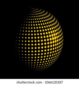 Abstract globe dotted sphere, 3d halftone dot effect. Golden dots in dark background. Vector illustration. It can use as logo, icon, banner, business card. Modern minimal covers design.