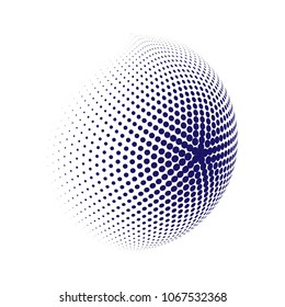 Abstract globe dotted sphere, 3d halftone dot effect. Blue dots in white background. Vector illustration. It can use as logo, icon, banner, business card. Modern minimal covers design.