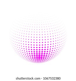 Abstract globe dotted sphere, 3d halftone dot effect. Pink dots in white background. Vector illustration. It can use as logo, icon, banner, business card. Modern minimal covers design.