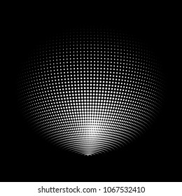 Abstract globe dotted sphere, 3d halftone dot effect. White dots in dark background. Vector illustration. It can use as logo, icon, banner, business card. Modern minimal covers design.