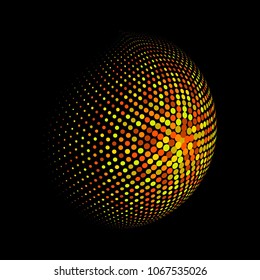 Abstract globe dotted sphere, 3d halftone dot effect. Golden dots in dark background. Vector illustration. It can use as logo, icon, banner, business card. Modern minimal covers design.