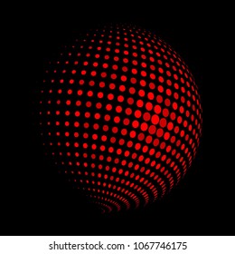 Abstract globe dotted sphere, 3d halftone dot effect. Red dots in dark background. Vector illustration. It can use as logo, icon, banner, business card. Modern minimal covers design.