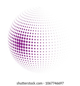 Abstract globe dotted sphere, 3d halftone dot effect. Purple dots in white background. Vector illustration. It can use as logo, icon, banner, business card. Modern minimal covers design.