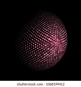Abstract globe dotted sphere, 3d halftone dot effect. Pink and red dots in dark background. Vector illustration. It can use as logo, icon, banner, business card. Modern minimal covers design.