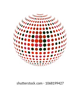 Abstract globe dotted sphere, 3d halftone dot effect. Black and red dots in white background. Vector illustration. It can use as logo, icon, banner, business card. Modern minimal covers design.