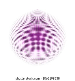 Abstract globe dotted sphere, 3d halftone dot effect. Purple dots in white background. Vector illustration. It can use as logo, icon, banner, business card. Modern minimal covers design.
