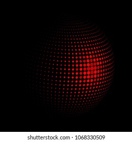 Abstract globe dotted sphere, 3d halftone dot effect. Red dots in dark background. Vector illustration. It can use as logo, icon, banner, business card. Modern minimal covers design.