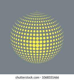 Abstract globe dotted sphere, 3d halftone dot effect. Golden dots in grey background. Vector illustration. It can use as logo, icon, banner, business card. Modern minimal covers design.