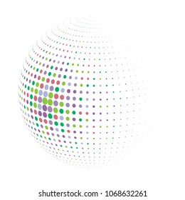Abstract globe dotted sphere, 3d halftone dot effect. Colorful dots in white background. Rainbow color in earth shape. Vector illustration. It can use as logo, icon, banner, business card.