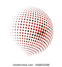 Abstract globe dotted sphere, 3d halftone dot effect. Black and red dots in white background. Vector illustration. It can use as logo, icon, banner, business card. Modern minimal covers design.